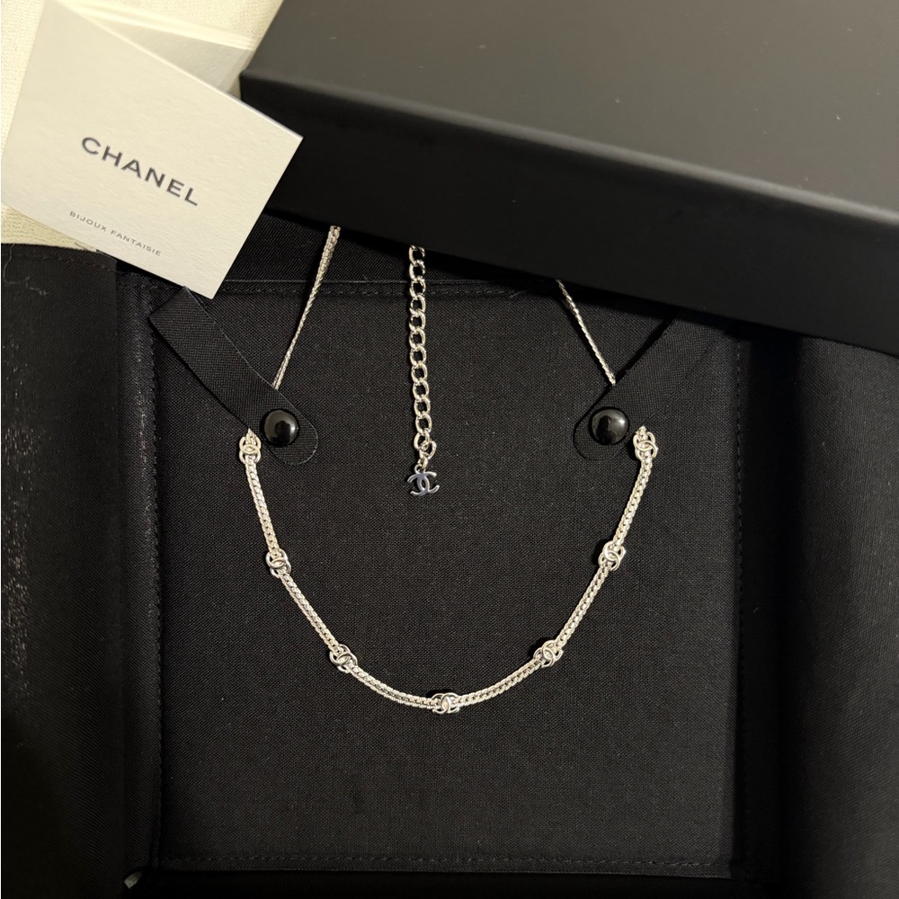 CHANEL Silver Chain Necklace mini multi logo